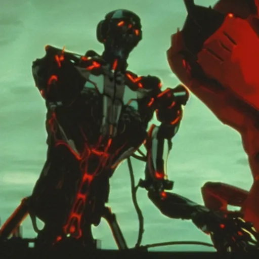 Image similar to movie still of a cyborg evangelion, cinematic composition, cinematic light, warm lighting criterion collection, by david lynch and edgar allan poe