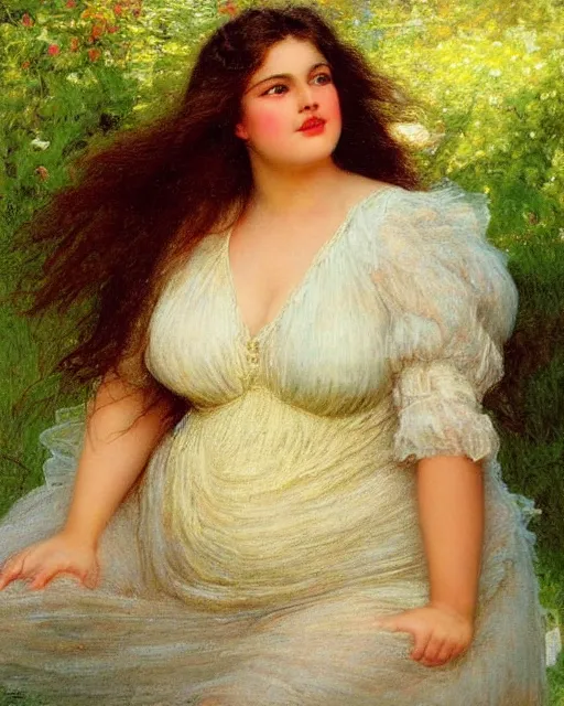 Prompt: beautiful plus size girl painting by edward robert hughes