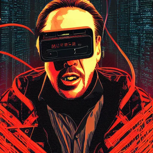 Image similar to Illustrated by Shepard Fairey and H.R. Geiger | Cyberpunk Nicolas Cage with VR helmet, surrounded by cables