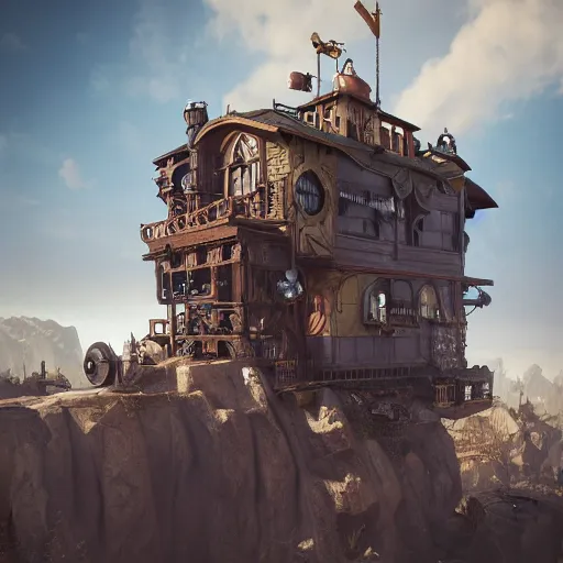 Image similar to flying steampunk fortress, extremely detailed, behrens style, unreal 5 render, fantasy digital art, octane render, beautiful composition, trending on artstation, award - winning photograph