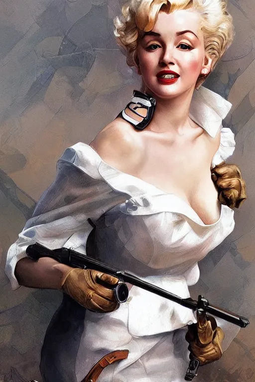 Image similar to beautiful cottagecore Marylin Monroe holding a rifle. intricate, elegant. highly detailed, digital painting, artstation, concept art, smooth, sharp, focus, illustration. . art by artgerm and greg rutkowski and alphonse mucha