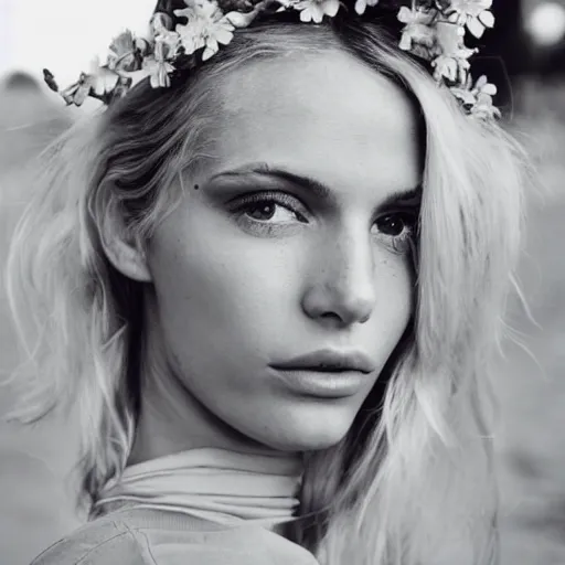 Image similar to vintage photograph of an olive skinned blonde female model in her twenties, her hair pinned up with flowers, wearing a designer top, looking content, focused on her neck, photo realistic, extreme detail skin, natural beauty, no filter, slr, golden hour, 8 k, high definition, selfie