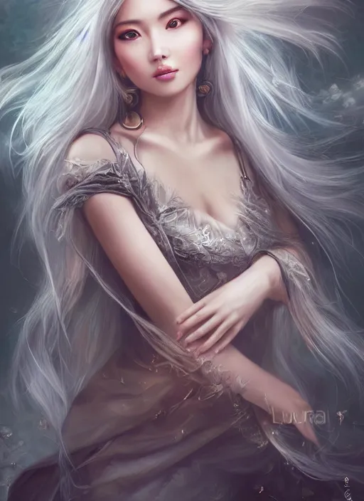 Image similar to a beautiful woman gheisa, 8 k, hyperrealistic, asian hyperdetailed, beautiful face, long hair windy, dark fantasy, fantasy portrait by laura sava