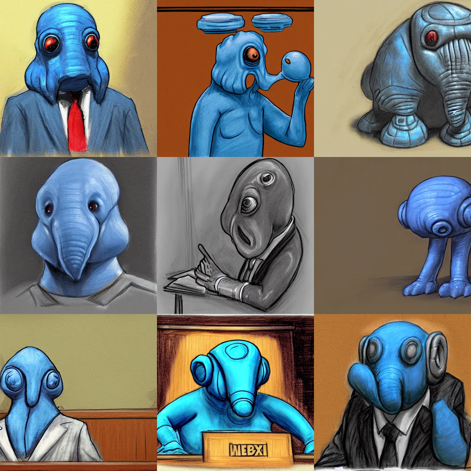 Prompt: max rebo testifies in court, courtroom sketch