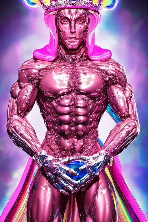 Image similar to hyper detailed ultra sharp fullbody photo of baroque and cyberpunk transparent pink gem sculpture of a muscular seductive muscular italian man feeling muy cachondo, muy dotado, iridescent humanoid deity wearing pink plastic seethrough cloak, holding a rainbow tiger gem, blue diamond, glowing pink face, crown of white diamonds, cinematic lighting, photorealistic, octane render 8 k