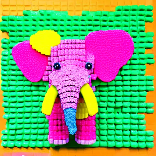 Image similar to Elephant made out of fruity pebble treats. Colorful skin, neon glow. Edible, 3d, three quarters view