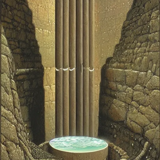 Image similar to a fantasy ctiy built into the walls of a cylindrical pit, painting by Peter Elson