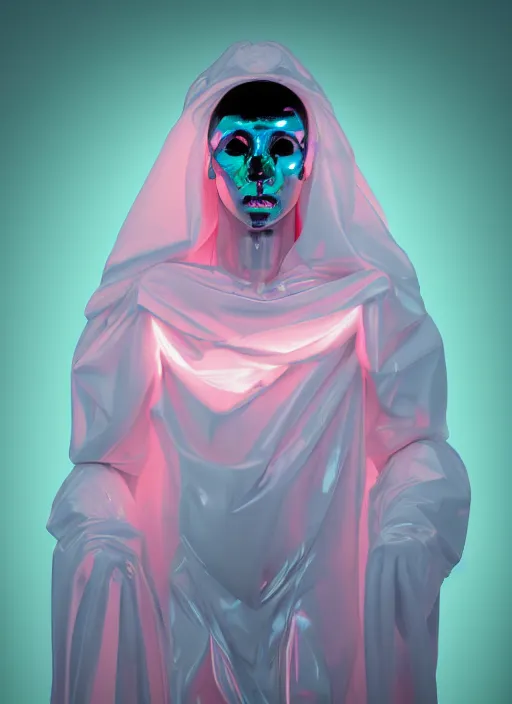 Image similar to photo of fullbodied baroque and bladerunner delicate neon diamond sculpture of seductive onyx albino marble prince adonis bosso dotado mint iridescent humanoid deity wearing pink plastic trashbag hooded cloak holding diamond skull in a white alien dungeon, reclining, glowing magenta face, crown of white diamonds, cinematic lighting, photorealistic, octane render 8 k depth of field 3 d