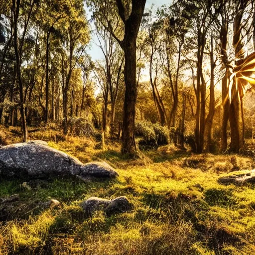 Prompt: Beautiful photo of a interesting ancient stone roman ruin in a forest, little remaining, golden hour photography, sun hidden, blue sky, trees in the background, wallpaper, 4k, Australian flora