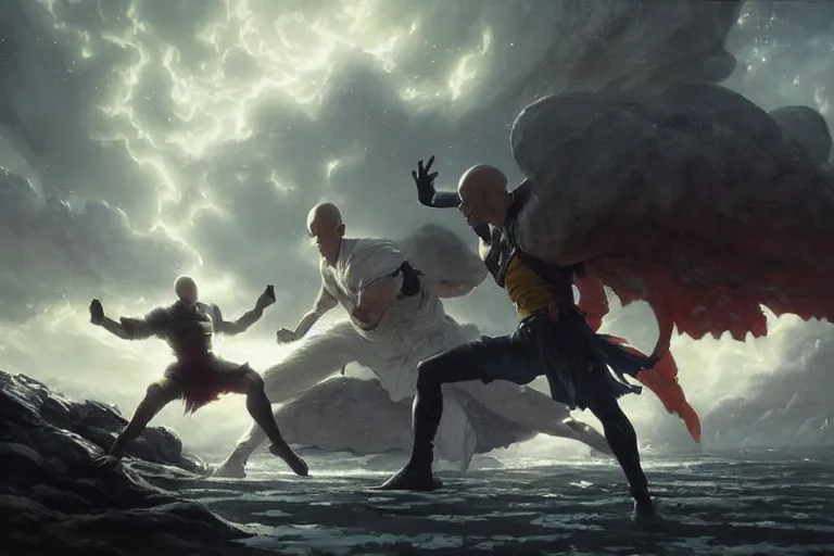 Image similar to saitama fighting the homelander, epic scene, Highly detailed painting, cinematic landscape, realistic, a fantasy digital painting by Greg Rutkowski and James Gurney