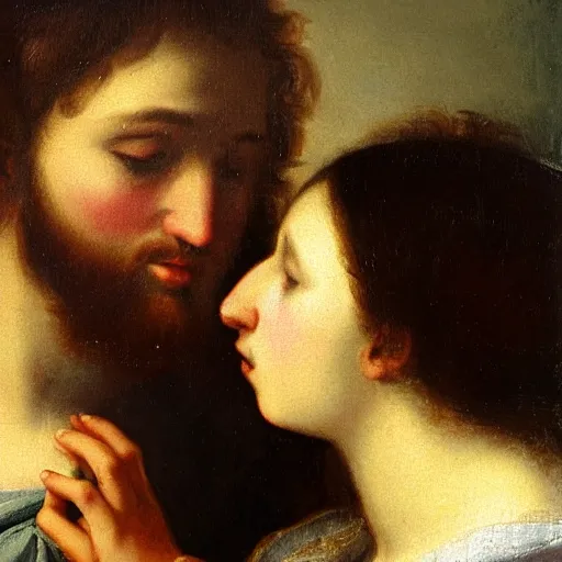 Image similar to 1 8 th oil panting of a jesus kissing with maria maddalena