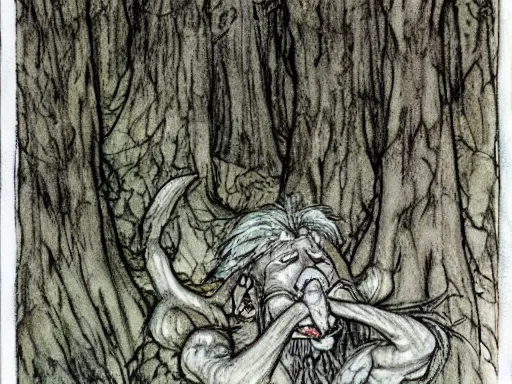 Image similar to troll in a forest by arthur rackham and by Tony DiTerlizzi and by brian froud