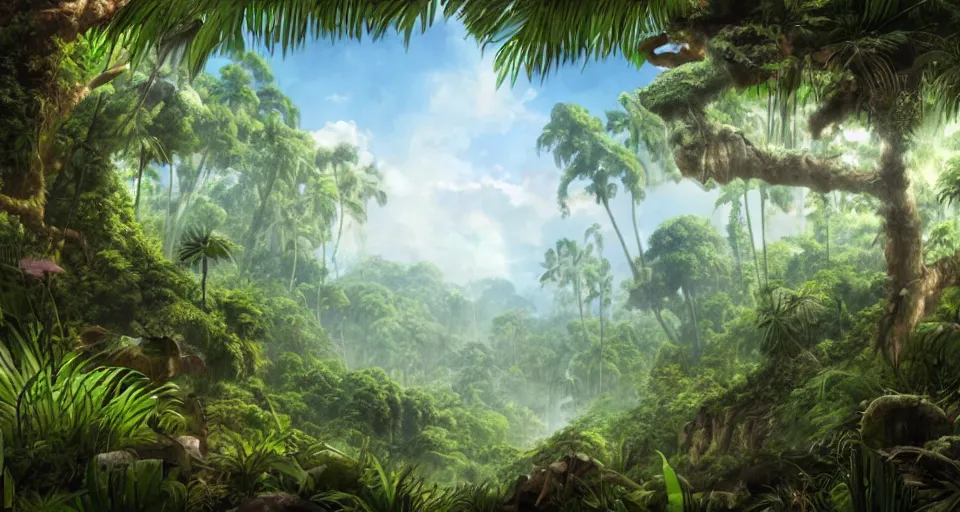 Image similar to a matte painting of a lush prehistoric jungle, TOEI animation background, sharp details, cinematic color grading