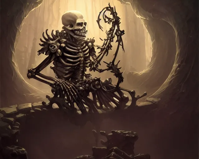 Image similar to oldman casting summon skeleton, deep focus, d & d, fantasy, intricate, elegant, highly detailed, digital painting, artstation, concept art, matte, sharp focus, illustration, hearthstone, art by artgerm and greg rutkowski and alphonse mucha