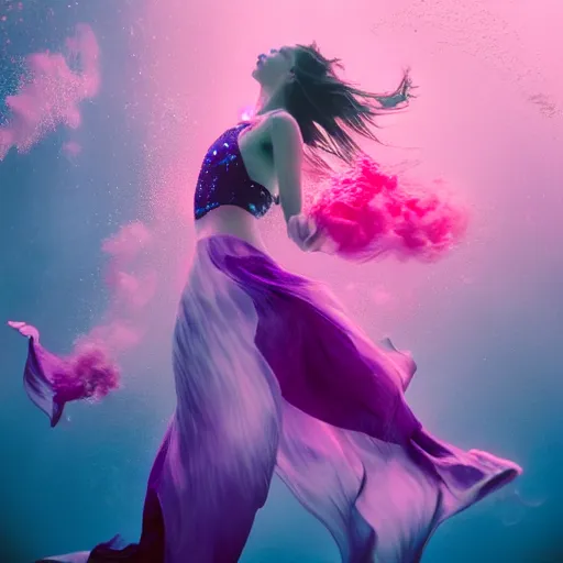 Image similar to woman dancing underwater wearing a flowing dress made of blue and magenta seaweed, delicate coral sea bottom, swirling silver fish, swirling smoke shapes, octane render, caustics lighting from above, cinematic