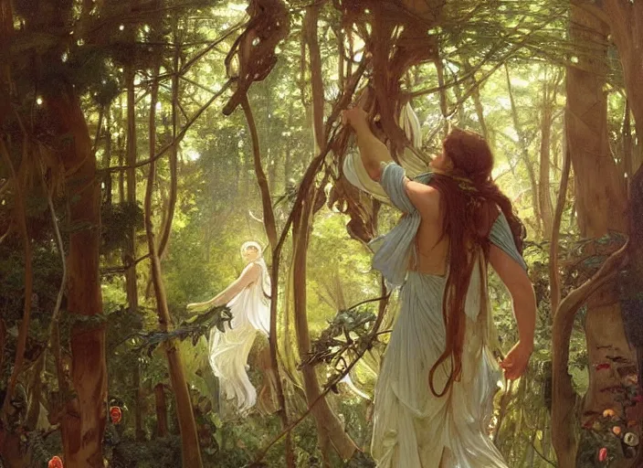 Image similar to will - o'- wisp forest, lush trees, a group of fairies dancing around a maypole, magical, vivid colors, rule of thirds, a fantasy digital painting by alphonse mucha, by greg rutkowski, by john william waterhouse, by james gurney, trending on artstation, highly detailed, sharp lines