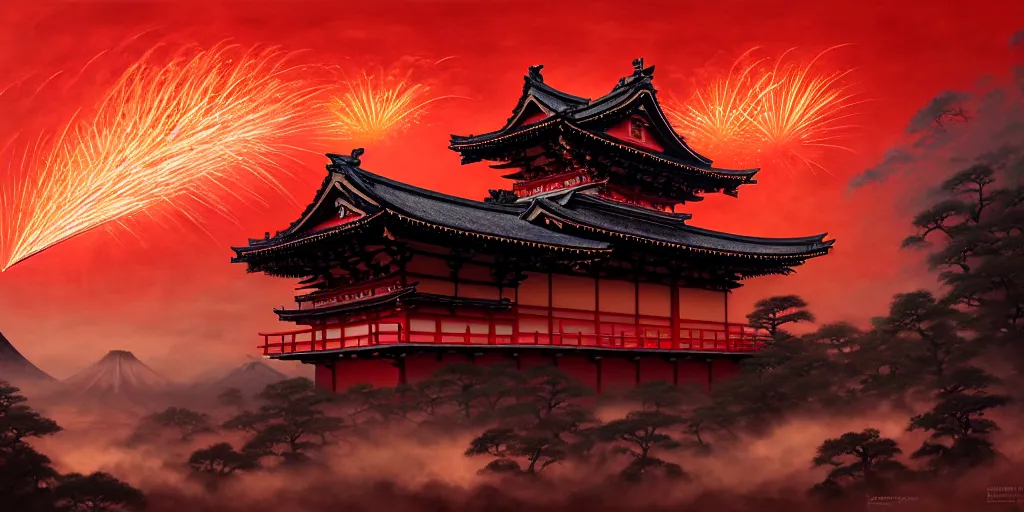 Image similar to Stunning Portrait of A Red dragon flying above a Feudal Japan temple, during a fire works festival at night by Kim Jung Gi, Blizzard Concept Art Studio Ghibli. oil paint. 4k. by brom, Intense fireworks by Ross Tran, Greg Rutkowski, Mark Arian, soft render, octane, highly detailed painting, artstation