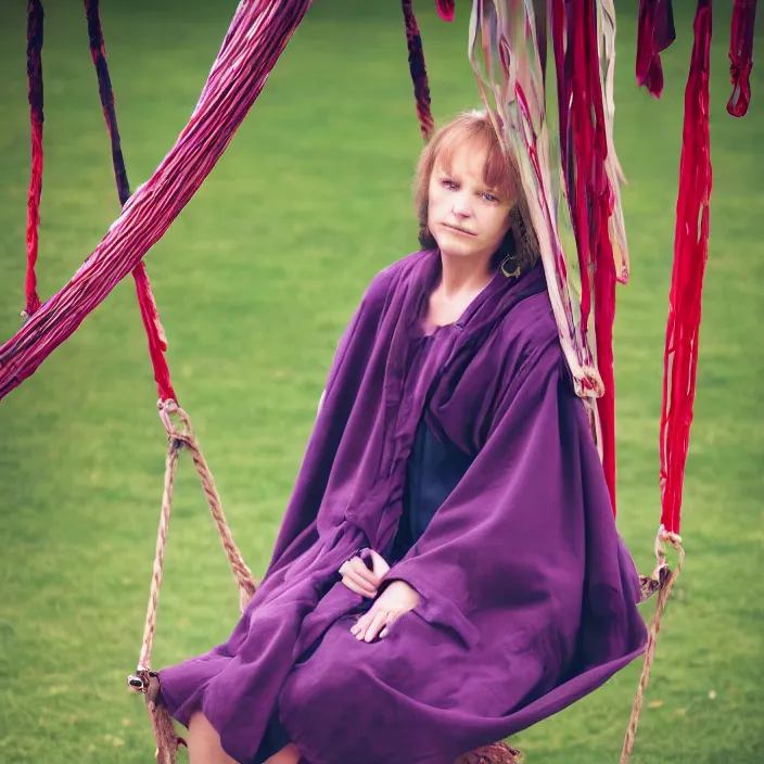 Prompt: a closeup portrait of a woman wearing a cloak made of ribbons, staring at an empty swing playground, color photograph, by vincent desiderio, canon eos c 3 0 0, ƒ 1. 8, 3 5 mm, 8 k, medium - format print