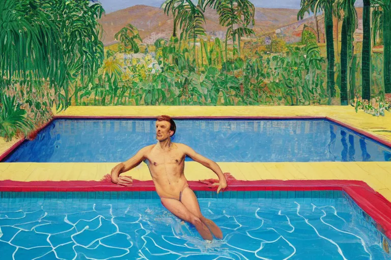 Image similar to emmanuel macron swimming in a pool in california house, by david hockney, peter doig, lucien freud, francis bacon, bouguereau,