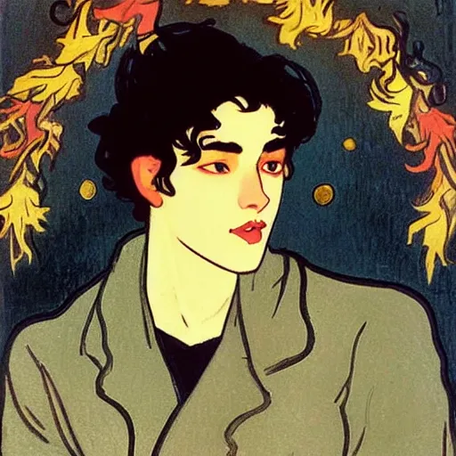 Image similar to painting of young cute handsome beautiful dark medium wavy hair man in his 2 0 s named shadow taehyung and cute handsome beautiful min - jun together at the halloween! party, bubbling cauldron!, candles!, smoke, autumn! colors, elegant, wearing suits!, clothes!, delicate facial features, art by alphonse mucha, vincent van gogh, egon schiele