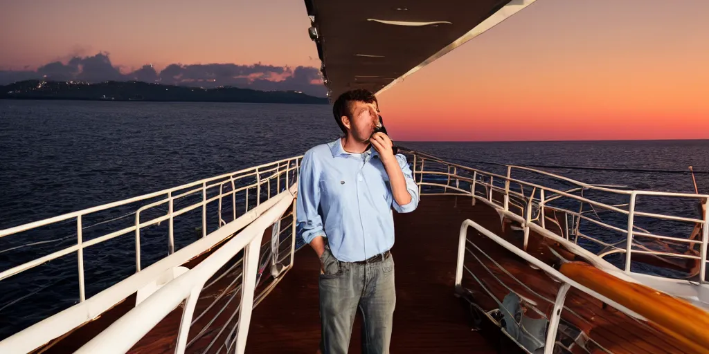 Image similar to a man leaning against the guardrail on a cruise ship with his back to the camera smoking at midnight, photo, 8 k