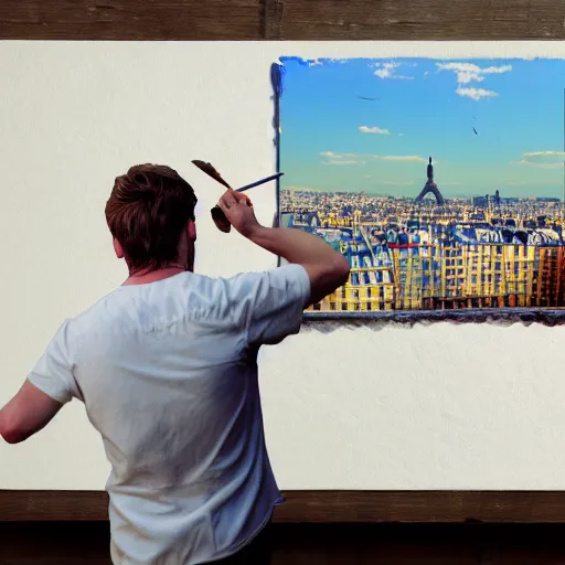 Prompt: Montmartre Paris, 3d render of a artist, painter, we can see his back, He is painting a canvas, he is Ewan McGregor from behind. We can see his back. We can see his hand holding a pencil