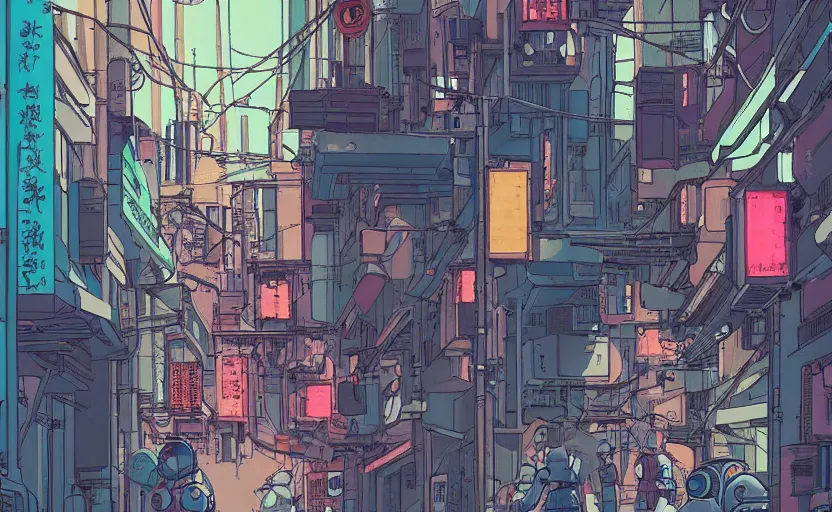 Prompt: a cyberpunk hong kong alley with robots and humans walking around by moebius, studio ghibli color palette