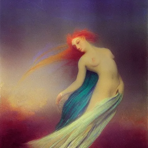 Image similar to woman underwater photography with a long flowing dress, flowing hair, burnt skin, and different colored multi-colored eyes by Ivan Aivazovsky and Odilon Redon, award winning, epic, cosmic, dreamy, underwater