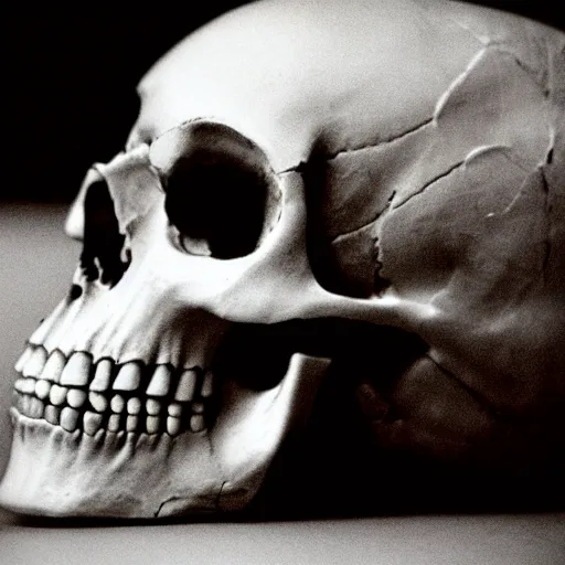 Prompt: art photograph of a skull, ektachrome, 35 mm film grain, shallow depth of field