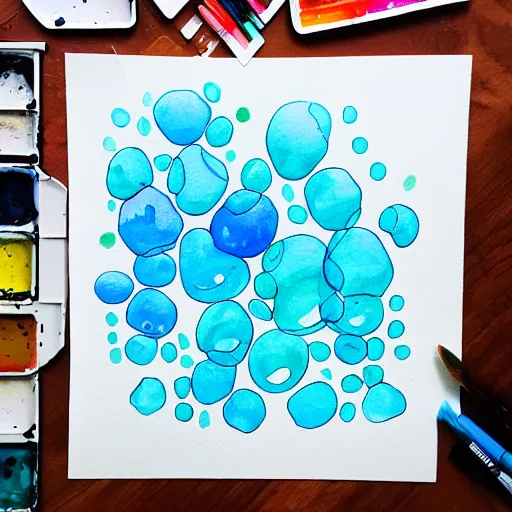 Image similar to highly intricate interlocking aqua blue blobs, watercolor pen drawing