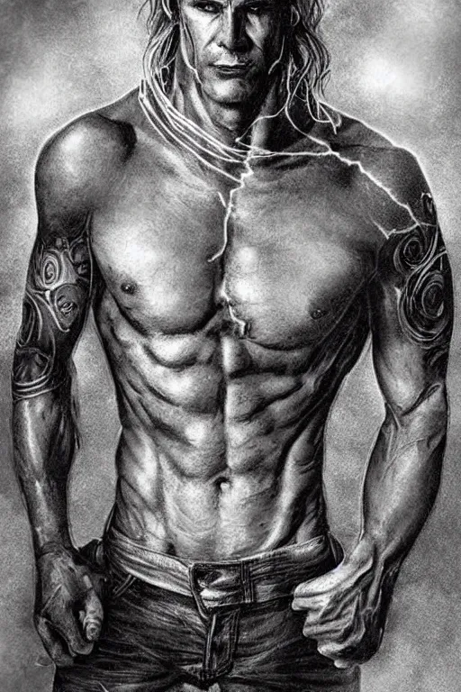 Prompt: Portrait of frontal standing pose torso of a very attractive muscular man in old blue jeans. Heavily all his skin is covered by Mayan BIKER tattoos, surrounded by magic lightings overlays, Intricate, concept art, magic lighting overlays, magical portal opened, D&D!, fantasy style, sharp focus!, ultra detailed, art by Artgerm and Peter Andrew Jones, WLUP, Magali Villeneuve