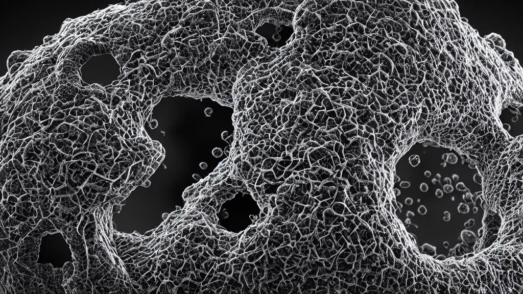 Prompt: beautiful 3 d closeup photo of deadly virus infecting a cell, seen through an electron microscope, detailed, high contrast, dark, sinister, ambient, monochrome, depth of field, scientific illustration, 8 k, octane render