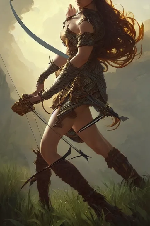 Image similar to beautiful female archer, full body shot, long hair, d & d, fantasy, intricate, elegant, highly detailed, digital painting, artstation, concept art, matte, sharp focus, illustration, hearthstone, art by artgerm and greg rutkowski and alphonse mucha