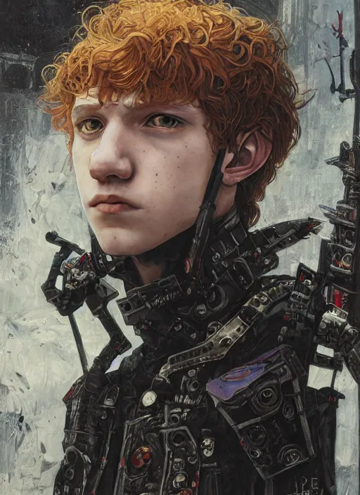 Prompt: portrait of young gothic Tom Holland, cyberpunk, Warhammer, highly detailed, artstation, illustration, art by Gustav Klimt and Range Murata and Katsuya Terada