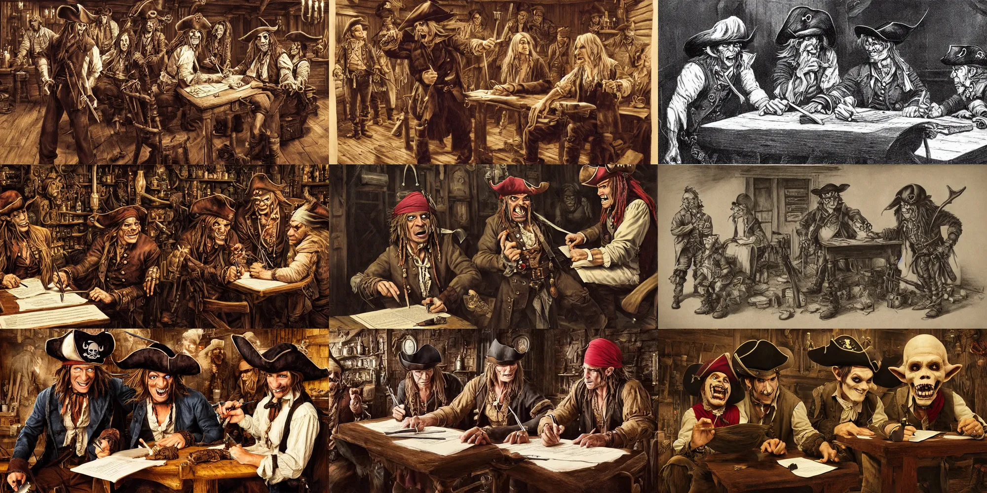 Prompt: ( pirate with a bandanna ), goblin!! with a big nose, and a vampire!! signing a contract in a saloon, hyperrealism, 8 k, intricate