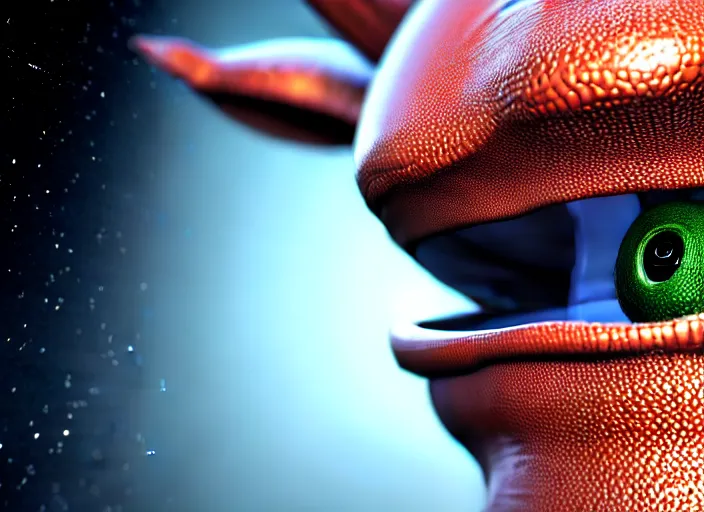 Image similar to hyperrealism, detailed textures, photorealistic 3 d render, an alien with crimsom coloured eyes in a super star system from 5 million years ago, sharp focus, ultra realistic, ultra high pixel detail, cinematic, intricate, cinematic light, concept art, illustration, art station, unreal engine 8 k