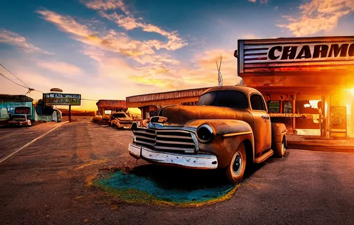 Image similar to a sunset light landscape with historical route 6 6, lots of sparkling details and sun ray ’ s, blinding backlight, smoke, volumetric lighting, colorful, octane, 3 5 mm, abandoned gas station, old rusty pickup - truck, beautiful epic colored reflections, very colorful heavenly, softlight