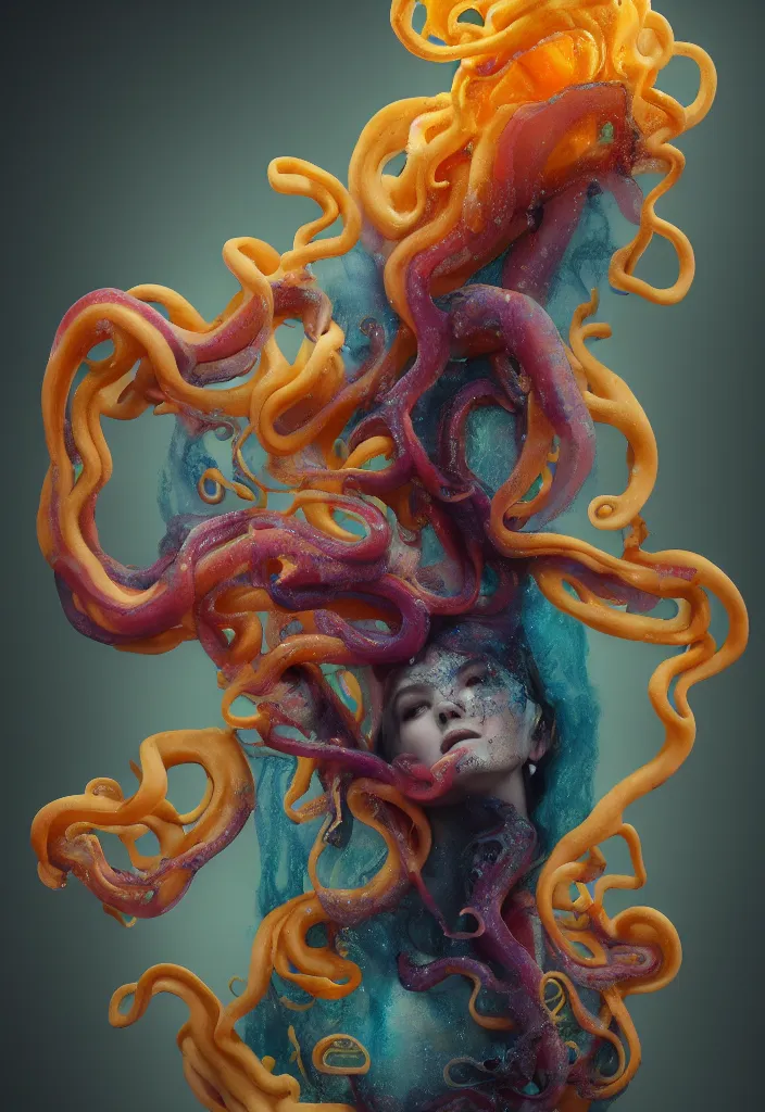 Image similar to subsurface scattering, medusa made of soft wax, cgsociety, translucent, organic squid and ceramic art nouveau swirls, golden orbs, colored smoke, in the style of alberto seveso and ruan jia and beeple and giger, mystical colors, back light, rim light, dramatic lighting, 8 k, stunning scene, raytracing, octane render