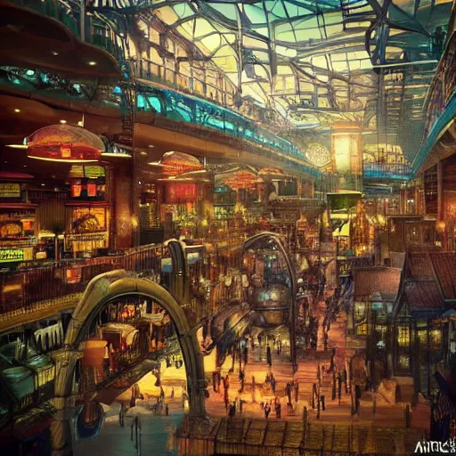 Image similar to terminal 2 1 in bangkok. steampunk and magical colors. trending on artstation, realistic.