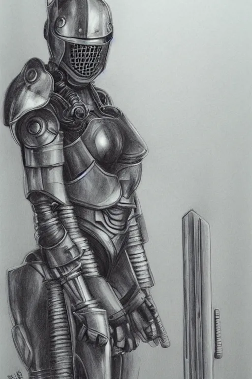 Image similar to pencil drawing, fantasy futurism, medieval female knight with cybernetic implants and modern devices