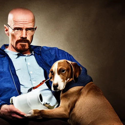 Image similar to Walter White and his trusty hound 4k photography award-winning footage, dramatic