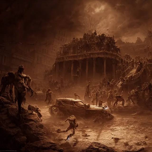Image similar to action scene sepia painting of hell with people suffering, atmospheric lighting, brooding, painted, intricate, ultra detailed, well composed, best on artstation, cgsociety, epic, horror, stunning, gorgeous, intricate detail, much wow, masterpiece, cinematic aesthetic octane render, 8 k hd resolution,