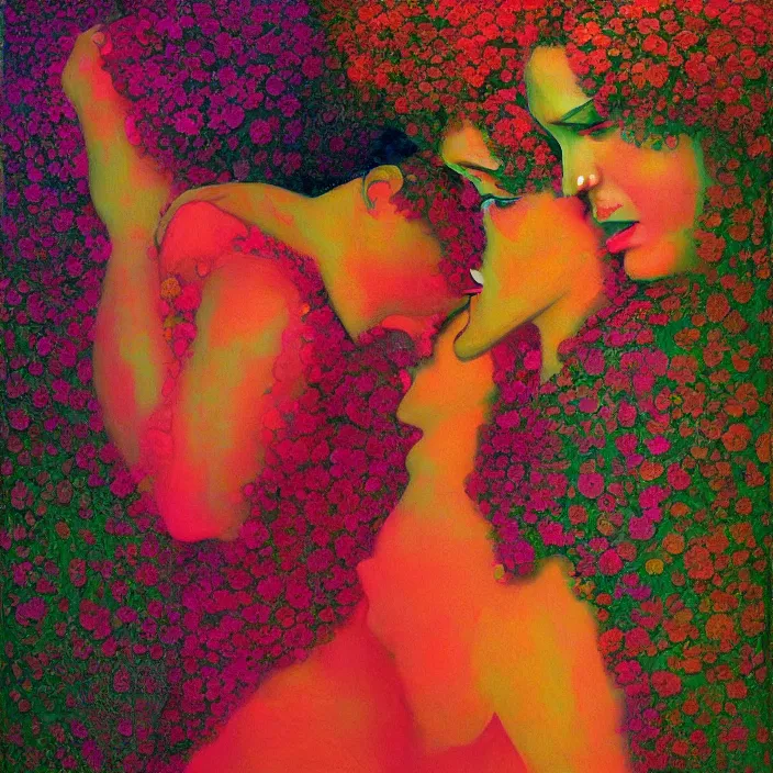 Image similar to portrait of women made of colorful fractal flowers hugging Edward Hopper and James Gilleard, Zdzislaw Beksinski, highly detailed