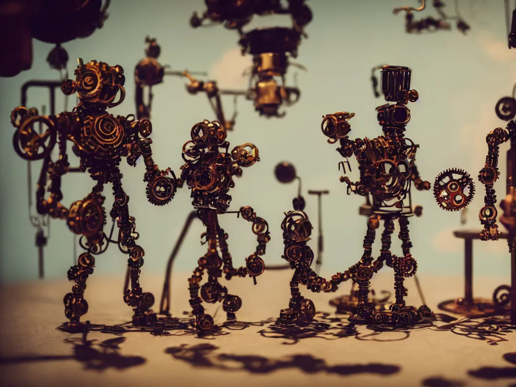 Prompt: a cinematic film still of a claymation stop motion film, a gay mage and his artist boyfriend in a handmade clockwork steampunk gears and glass universe, making robotic kittens, shallow depth of field, 8 0 mm, f 1. 8