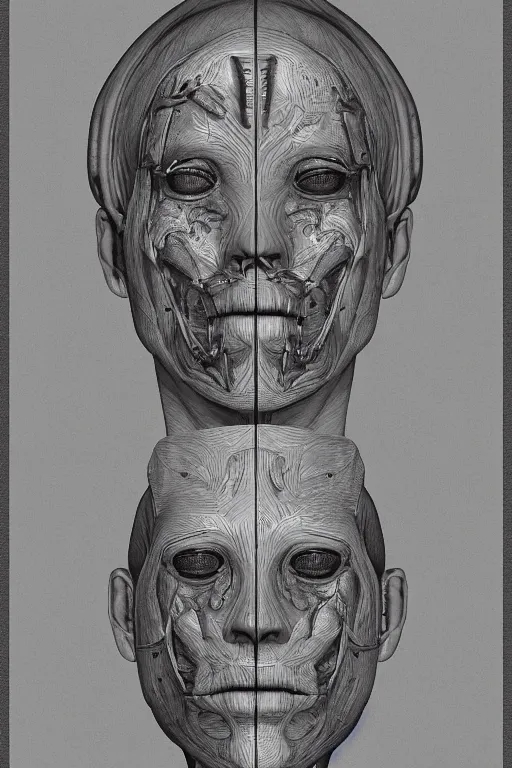 Image similar to latin facial anatomy with gunmetal grey skin, medical anatomy, very symmetrical face, highly detailed, three - perspective / three - view reference sheet ( front / back / side ), in the style of dan ouellette, steven jung, amanda lilleston, hr giger, sil from species, dren from splice, mecha, artstation, unreal engine