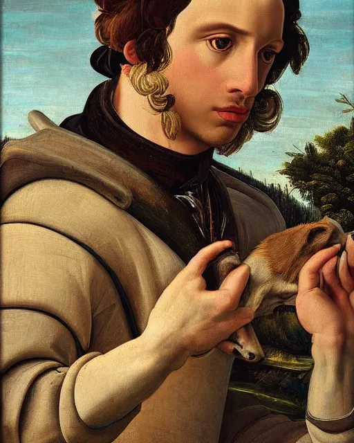 Image similar to beautiful close - up, oil on canvas, portrait of beautiful young man in hunting clothes of 1 7 th century with a greyhound!! dog, autumn field, cinematic lighting, highly detailed, digital art, renaissance painting, by botticelli, by rutkowsky