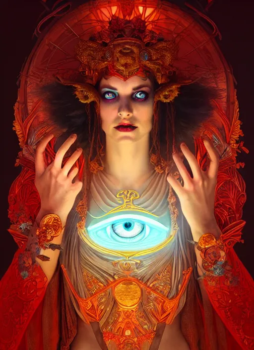 Prompt: the goddess hera looking angry, glowing eyes, paper tunic, volumetric lights, red and cyan theme, art nouveau botanicals, gothic, intricate, highly detailed, digital painting, artstation, concept art, smooth, sharp focus, symmetric face, illustration, art by artgerm and greg rutkowski and alphonse mucha