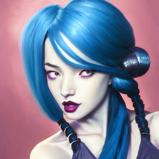 Image similar to a Portrait of JINX from League of Legends, blue hair, pigtail, intricate, elegant, highly detailed, digital painting, concept art, smooth, sharp focus, illustration, art by artgerm and greg rutkowski and alphonse mucha,artstation,deviantart,FAN ART,Unreal Engine,face enhance,8K,golden ratio,cinematic lighting H 704