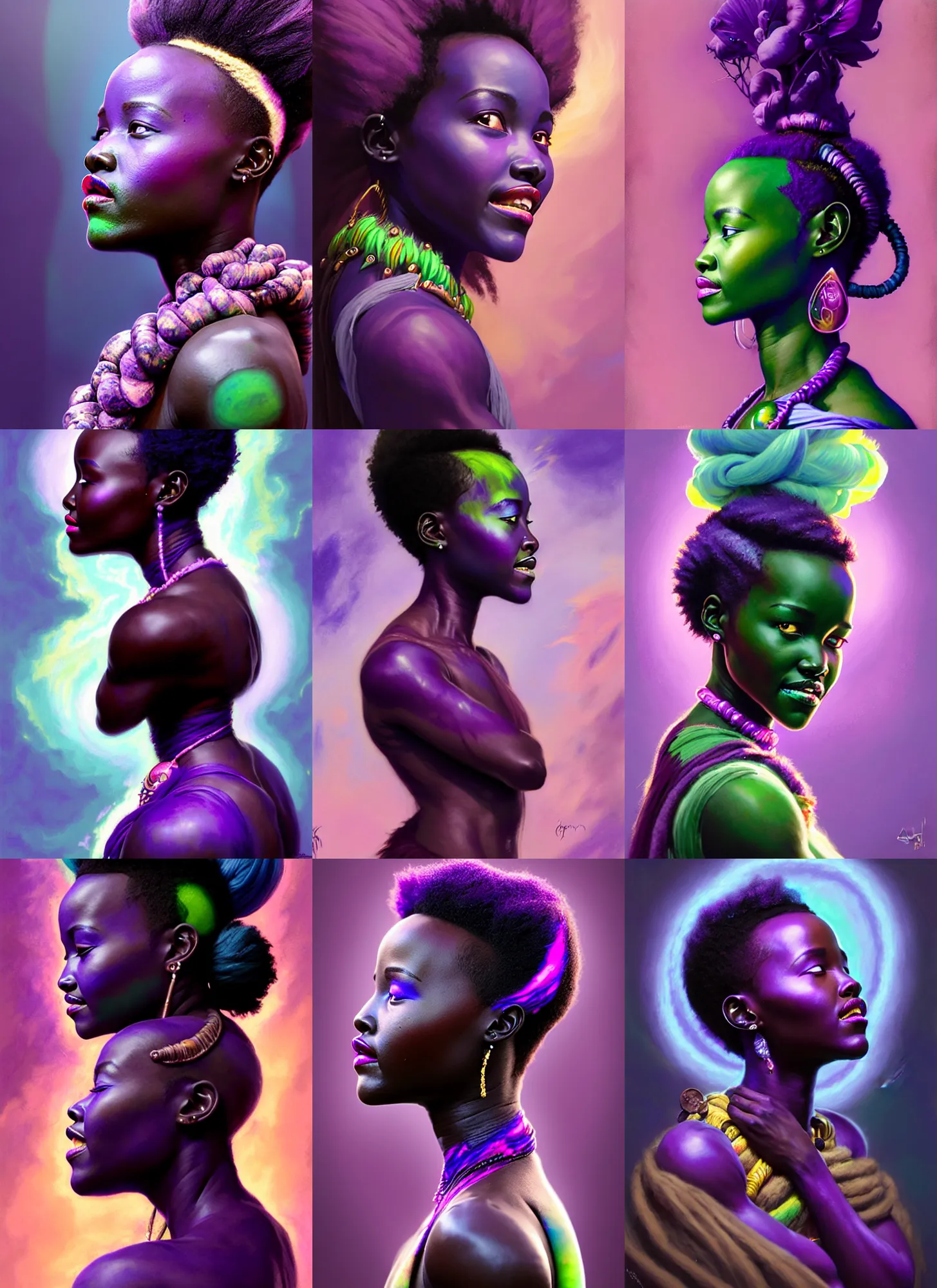 Prompt: side portrait, lupita nyong'o, orc druid shaman, purple skin, gloomhaven, luminescent, colorful swirly magic ripples, pastel colors, by greg manchess, huang guangjian, gil elvgren, sachin teng, greg rutkowski, jesper ejsing, ilya kuvshinov