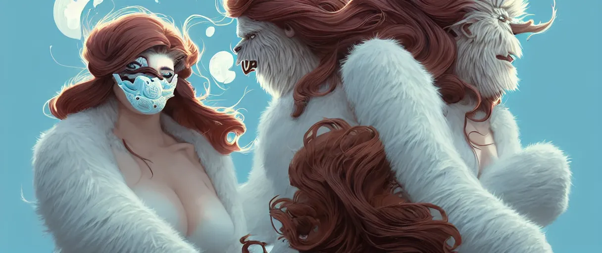 Image similar to beautiful artistic - wave highly detailed portrait female yeti and bigfoot, with kitsune mask, long red hair, by atey ghailan, by greg rutkowski, by greg tocchini, by james gilleard, by joe fenton, by kaethe butcher, dynamic lighting, gradient light blue, brown, blonde cream and white color scheme, grunge aesthetic